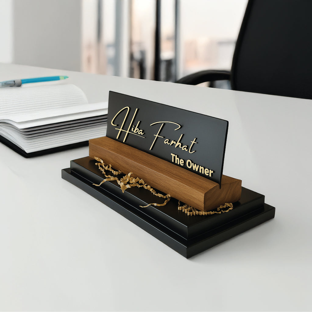 Personalized Desk Name Plate – Black & Gold with Wooden Base