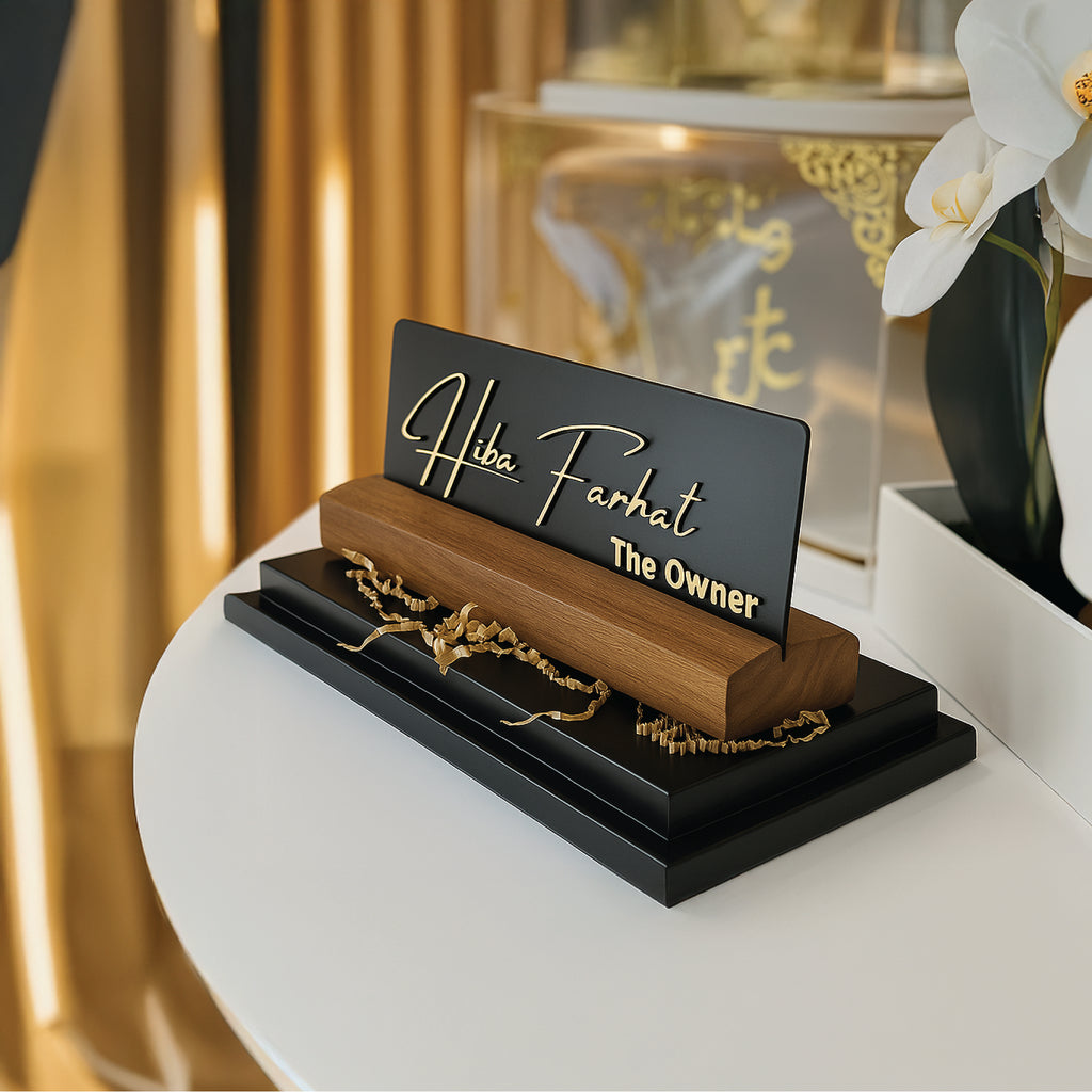 Personalized Desk Name Plate – Black & Gold with Wooden Base