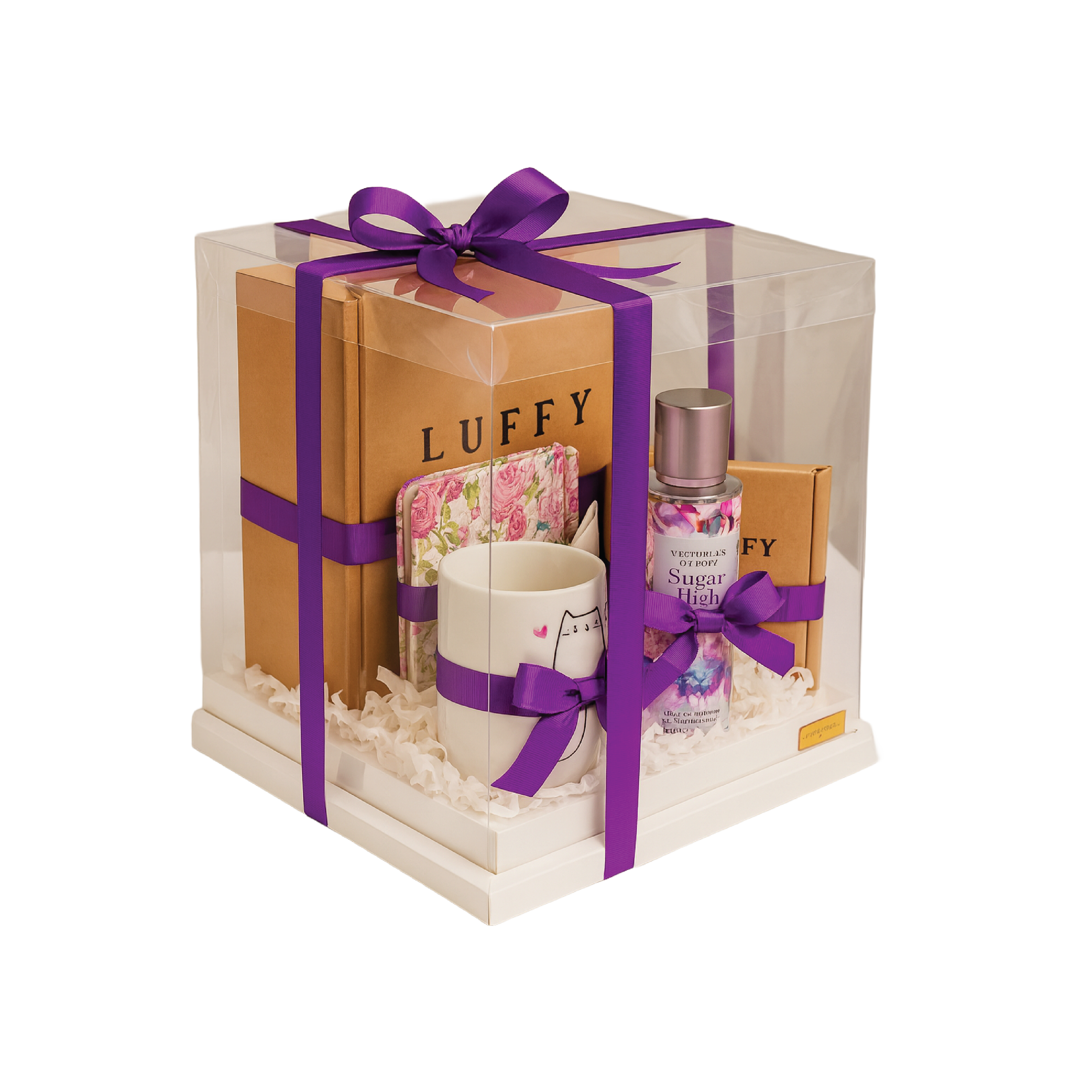 Luxury Gift Set with Purple Ribbon – Mug, Notebook, and Body Mist
