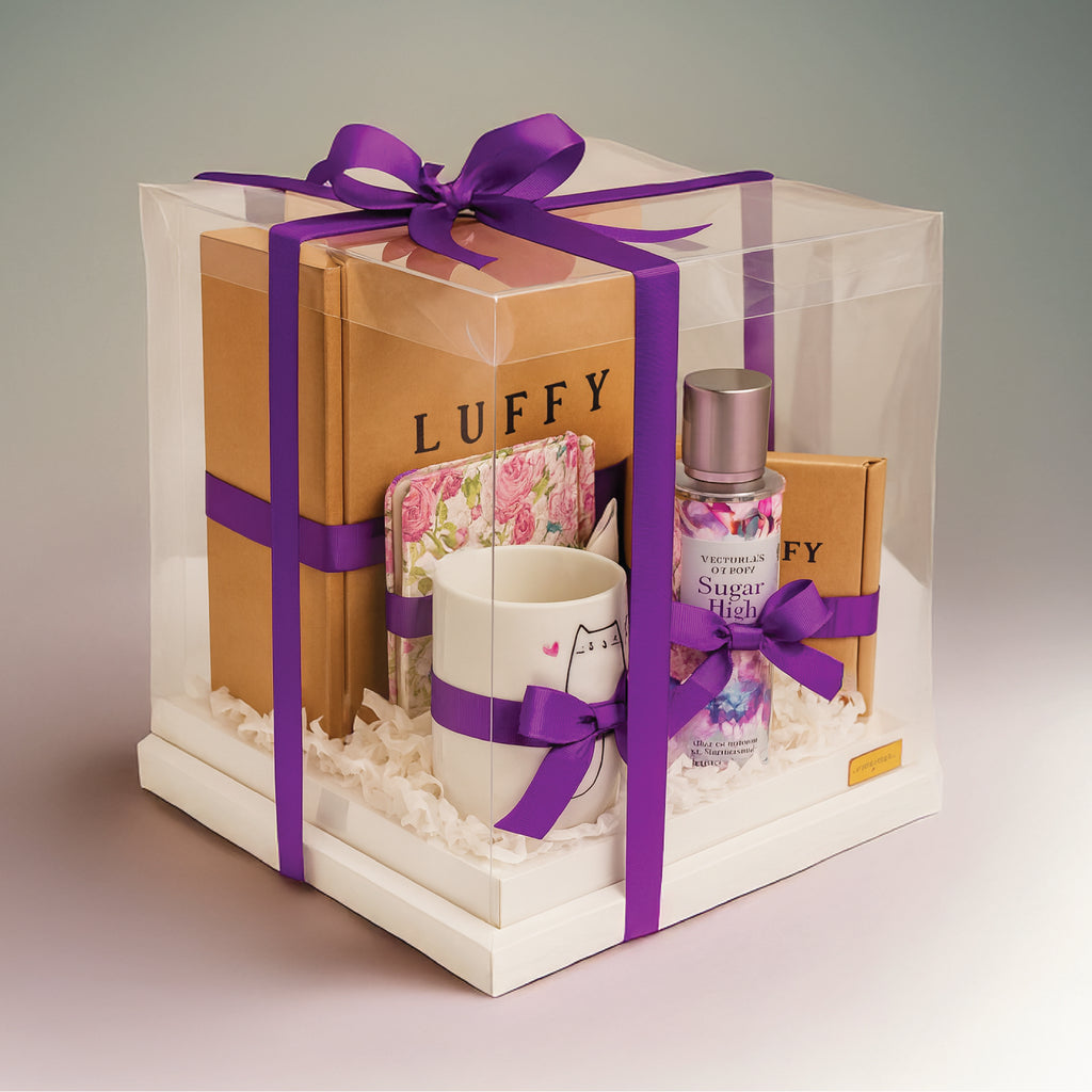 Luxury Gift Set with Purple Ribbon – Mug, Notebook, and Body Mist