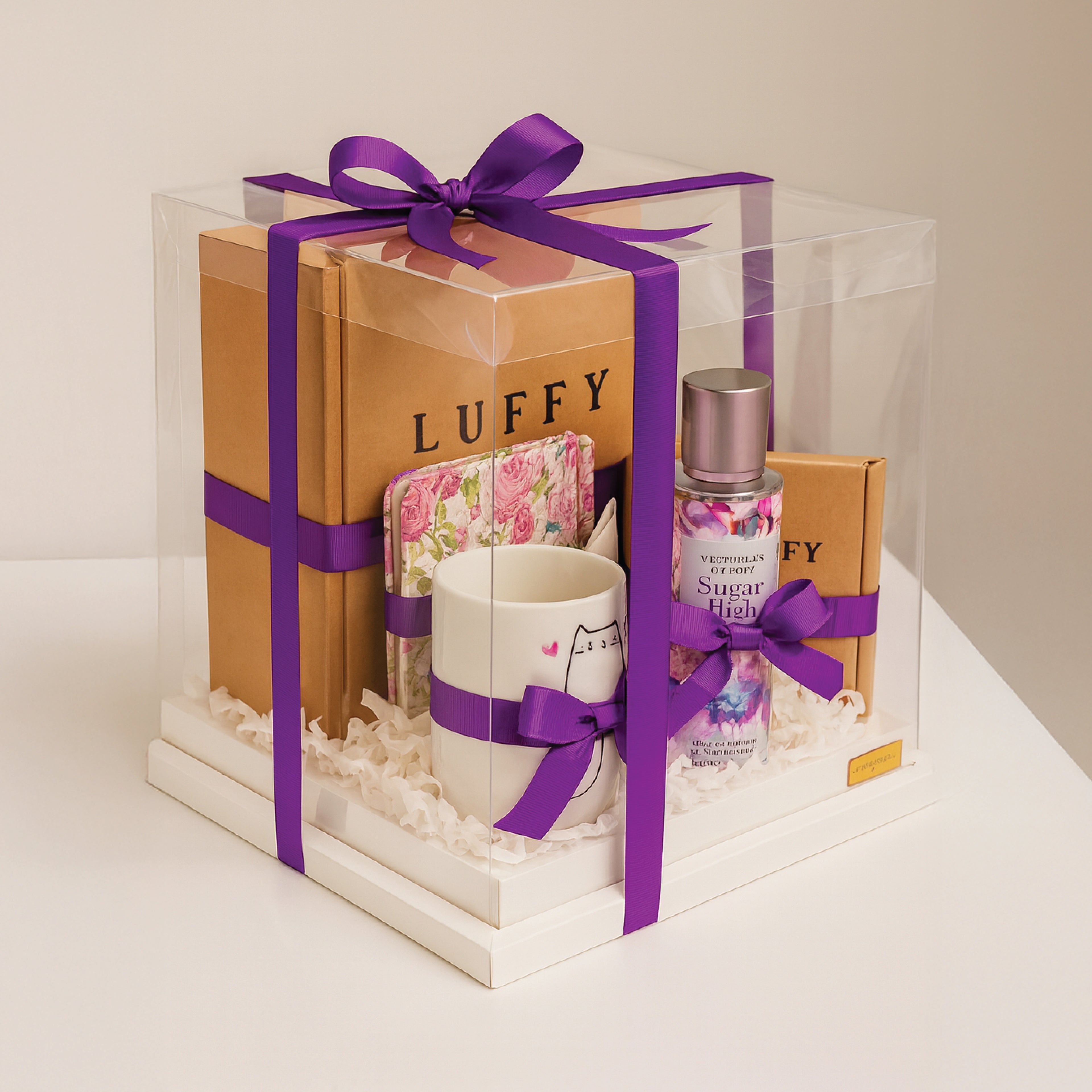 Luxury Gift Set with Purple Ribbon – Mug, Notebook, and Body Mist